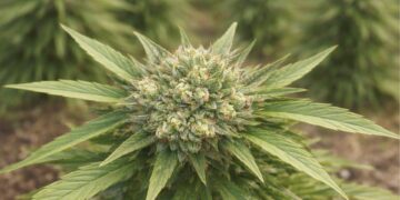 Mature hemp flower bud growing outdoors on a plant with sharp green leaves.