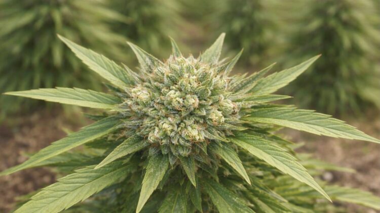 Mature hemp flower bud growing outdoors on a plant with sharp green leaves.