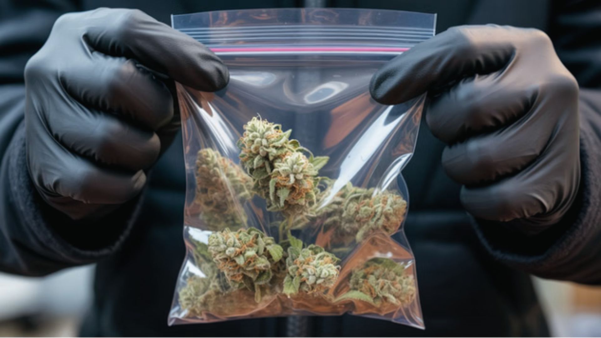 Gloved hands holding plastic bag of cannabis flowers. Sealed buds last 6 months to 1 year if cool.