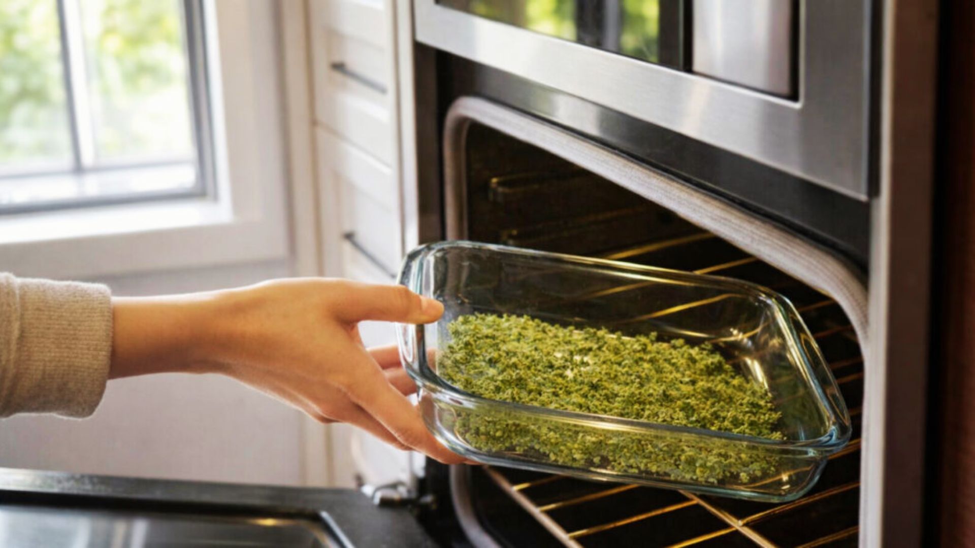 Hand places a glass dish of ground cannabis into the oven to decarb at low heat for edibles.
