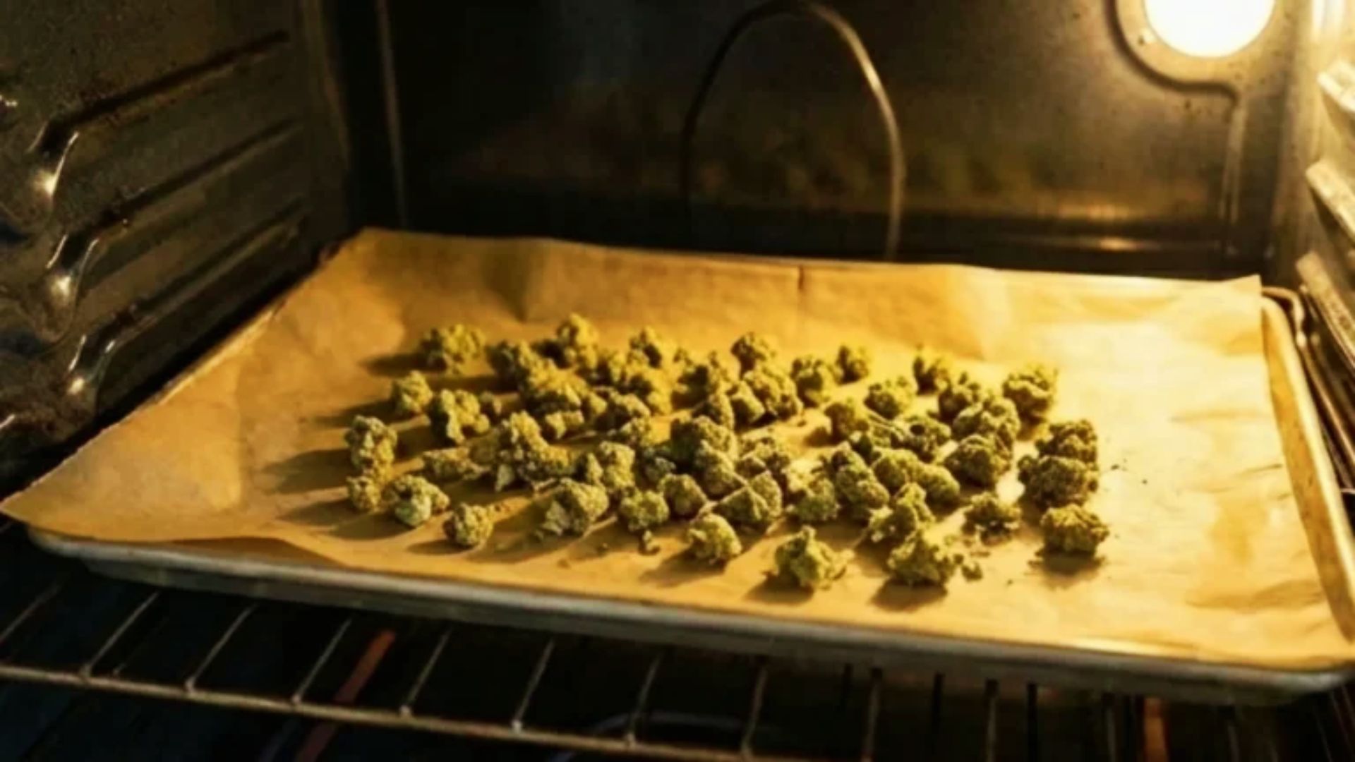Cannabis buds spread on parchment-lined tray baking in the oven to activate THC during decarbing.