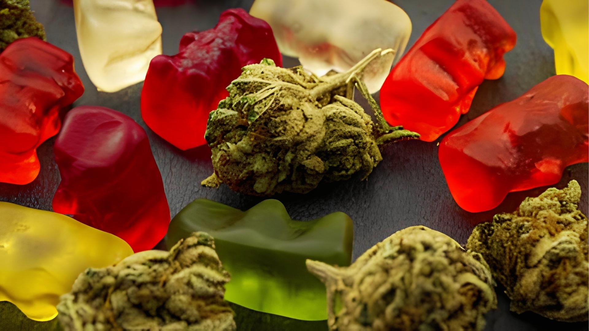 Close-up of colorful cannabis gummy bears mixed with dense green buds and ground flowers scattered across black textured background.