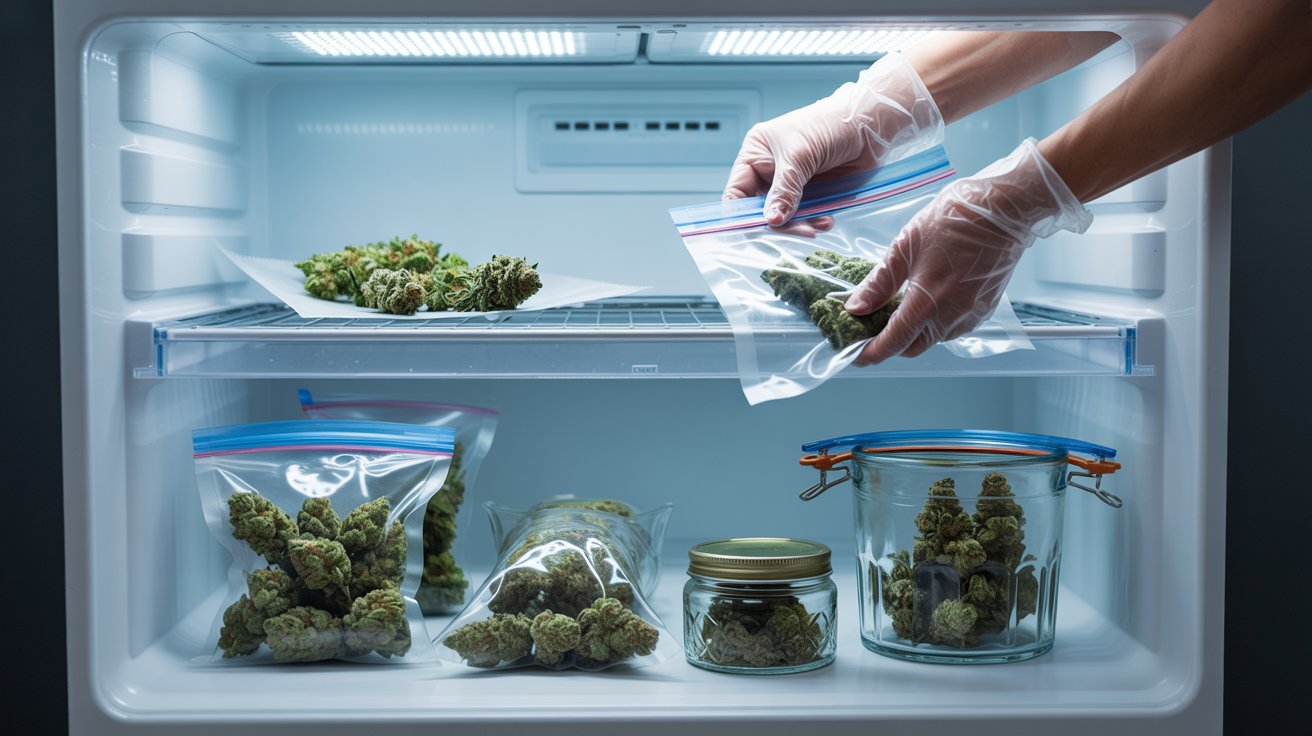 Proper cannabis freezing process showing curing sealing storage freezing and careful thawing steps in clean modern setup.