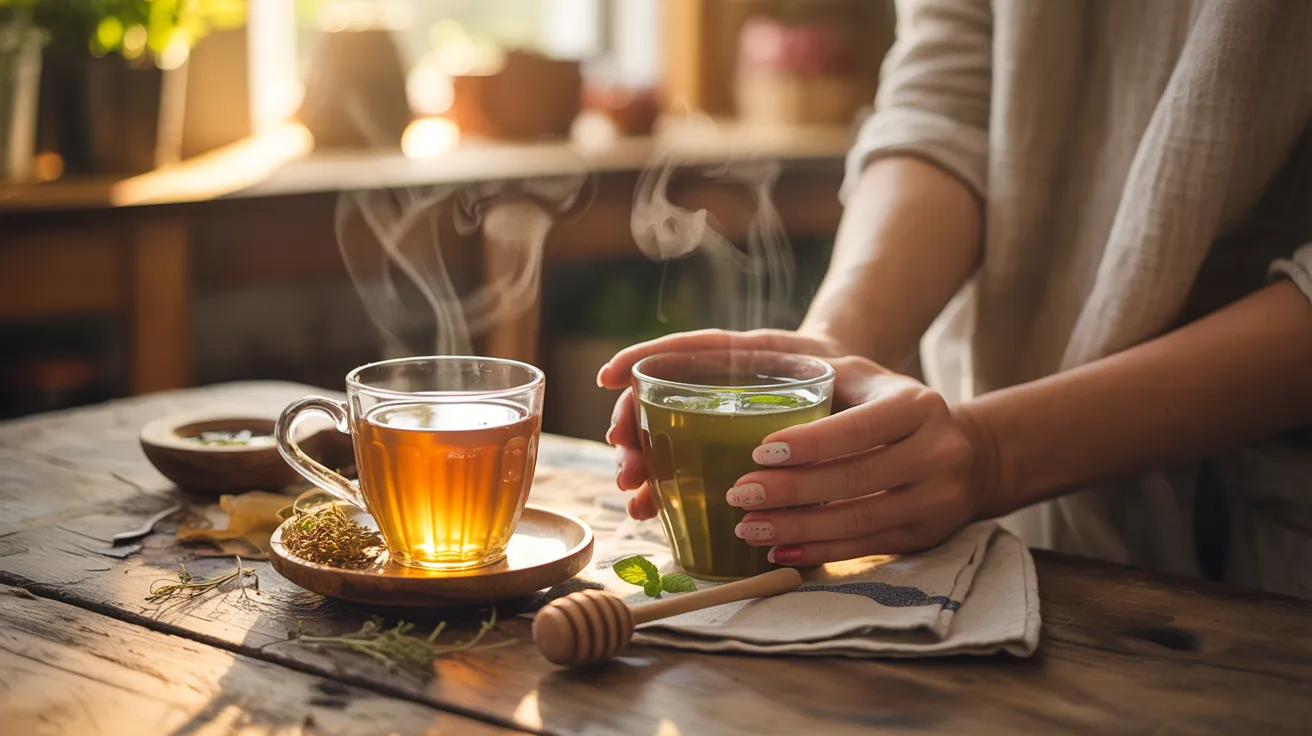 Person sipping ginger or peppermint tea to soothe stomach discomfort after a weed hangover.