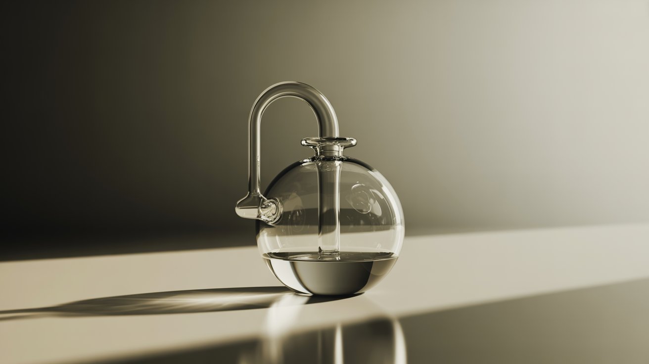 "Clear glass water filtration pipe with spherical chamber displayed in studio lighting on a reflective surface in a minimalist product photography style"