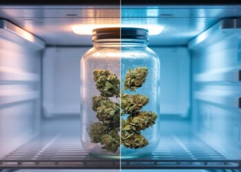Frozen cannabis buds stored inside frosty glass jar with ice crystals in modern freezer setting.