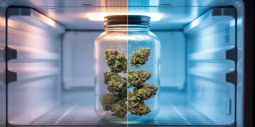 Frozen cannabis buds stored inside frosty glass jar with ice crystals in modern freezer setting.