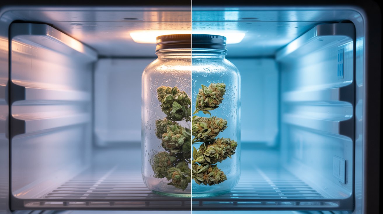 Frozen cannabis buds stored inside frosty glass jar with ice crystals in modern freezer setting.