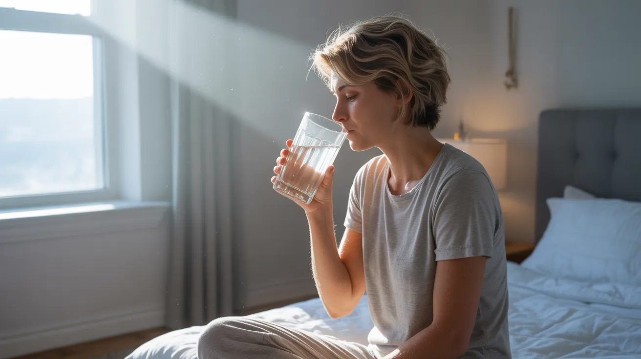 Person drinking water in the morning to relieve dehydration and fogginess from a weed hangover.