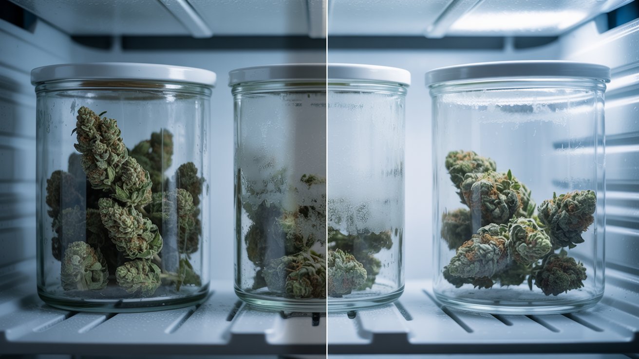 Frozen cannabis stored long term in freezer showing gradual quality changes over time and preservation