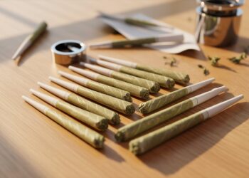 Close-up of rolled cannabis cones with grinder and rolling papers on wooden table studio lighting