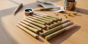 Close-up of rolled cannabis cones with grinder and rolling papers on wooden table studio lighting