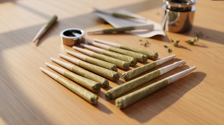 Close-up of rolled cannabis cones with grinder and rolling papers on wooden table studio lighting
