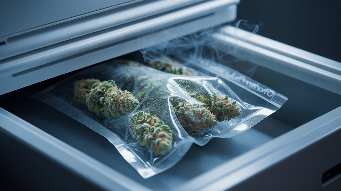 Frozen cannabis buds sealed inside airtight storage bag with visible frost and cool freezer lighting.