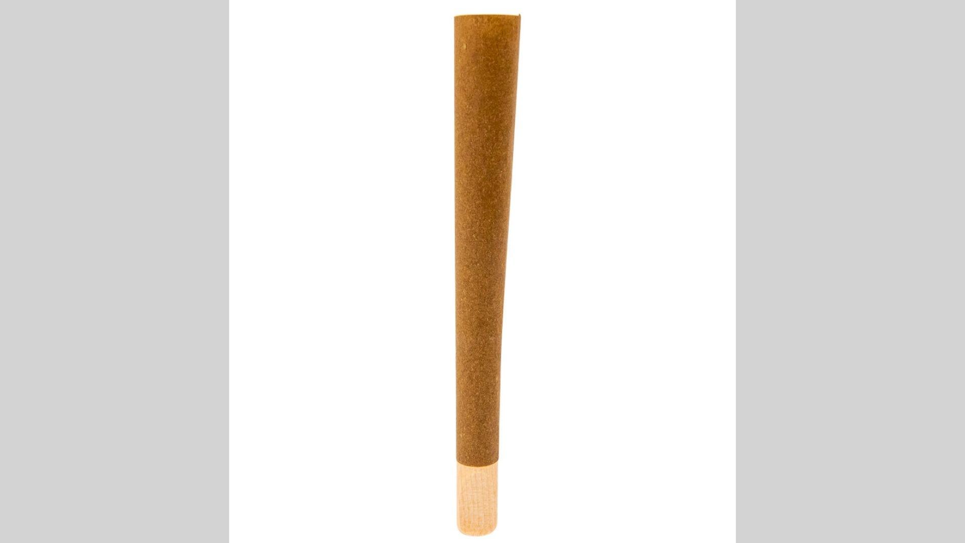 Single upright brown pre-rolled hemp cone with wooden tip displayed on white background