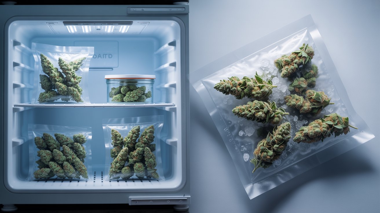 Cannabis buds stored in airtight containers inside freezer for long-term freshness and potency preservation.
