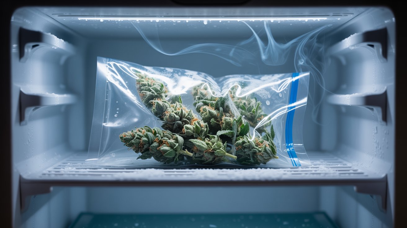 Frozen cannabis buds sealed inside airtight storage bag with visible frost and cool freezer lighting.