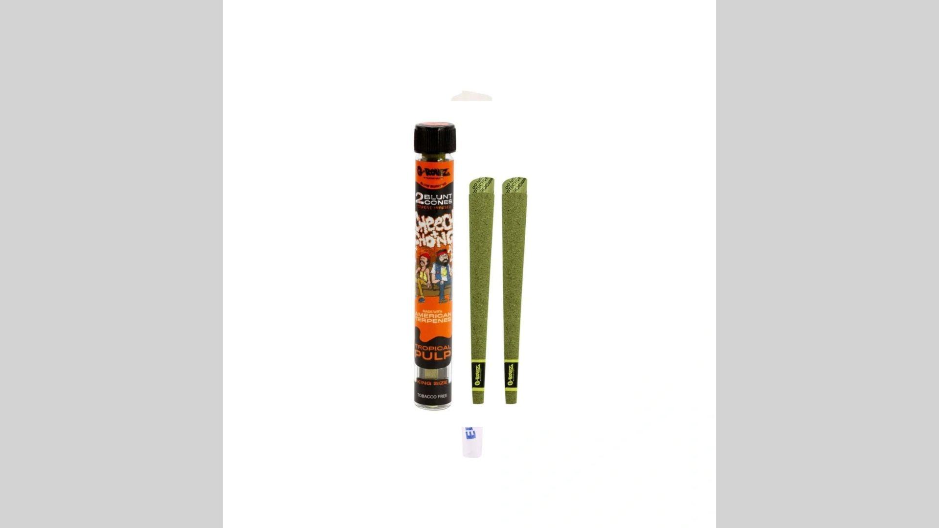 G-Rollz Cheech and Chong Tropical Pulp blunt cones package with two green cones displayed