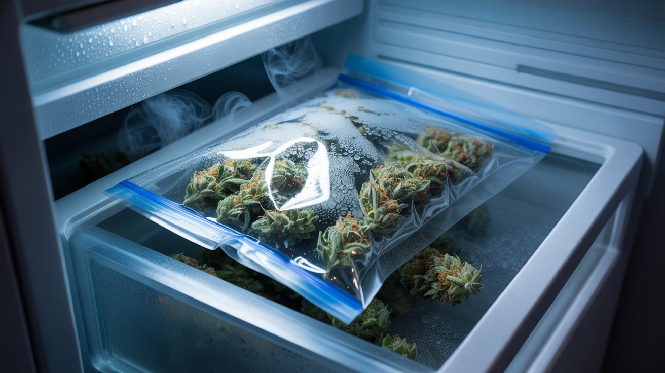 Frozen cannabis buds sealed inside airtight storage bag with visible frost and cool freezer lighting.