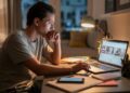 "Young adult researching lifestyle solutions on laptop in a cozy dimly lit room at night"
