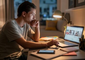 "Young adult researching lifestyle solutions on laptop in a cozy dimly lit room at night"