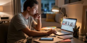 "Young adult researching lifestyle solutions on laptop in a cozy dimly lit room at night"