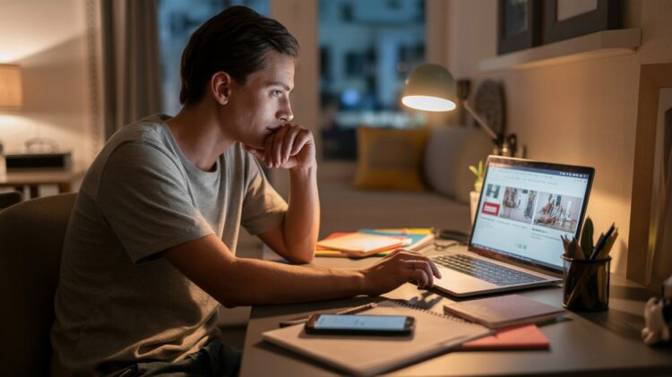 "Young adult researching lifestyle solutions on laptop in a cozy dimly lit room at night"
