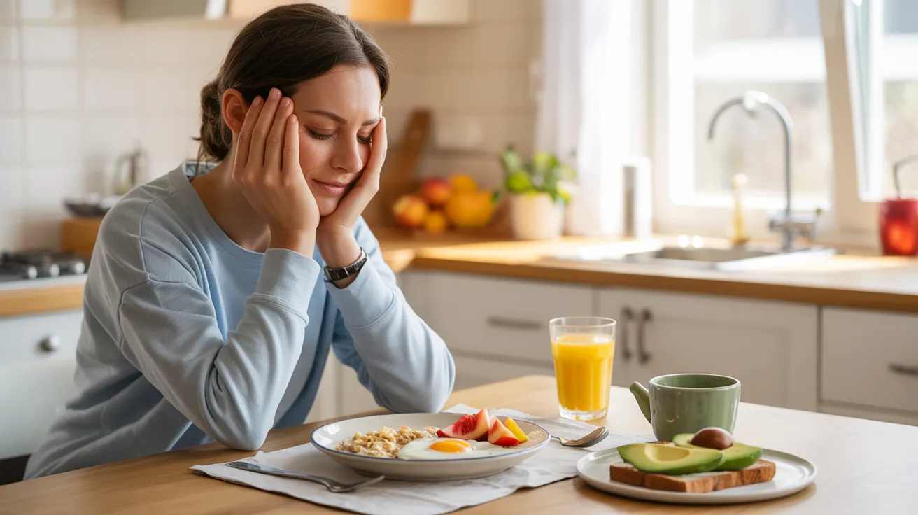 Person eating a healthy breakfast with eggs, oats, and fruit to recover from a weed hangover and reduce fatigue.