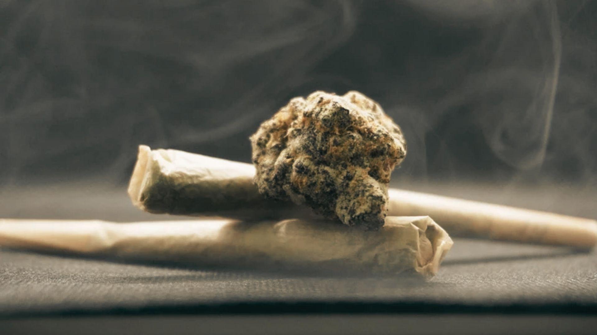 Cannabis flower bud resting on crossed pre-rolled joints with smoke rising on dark surface