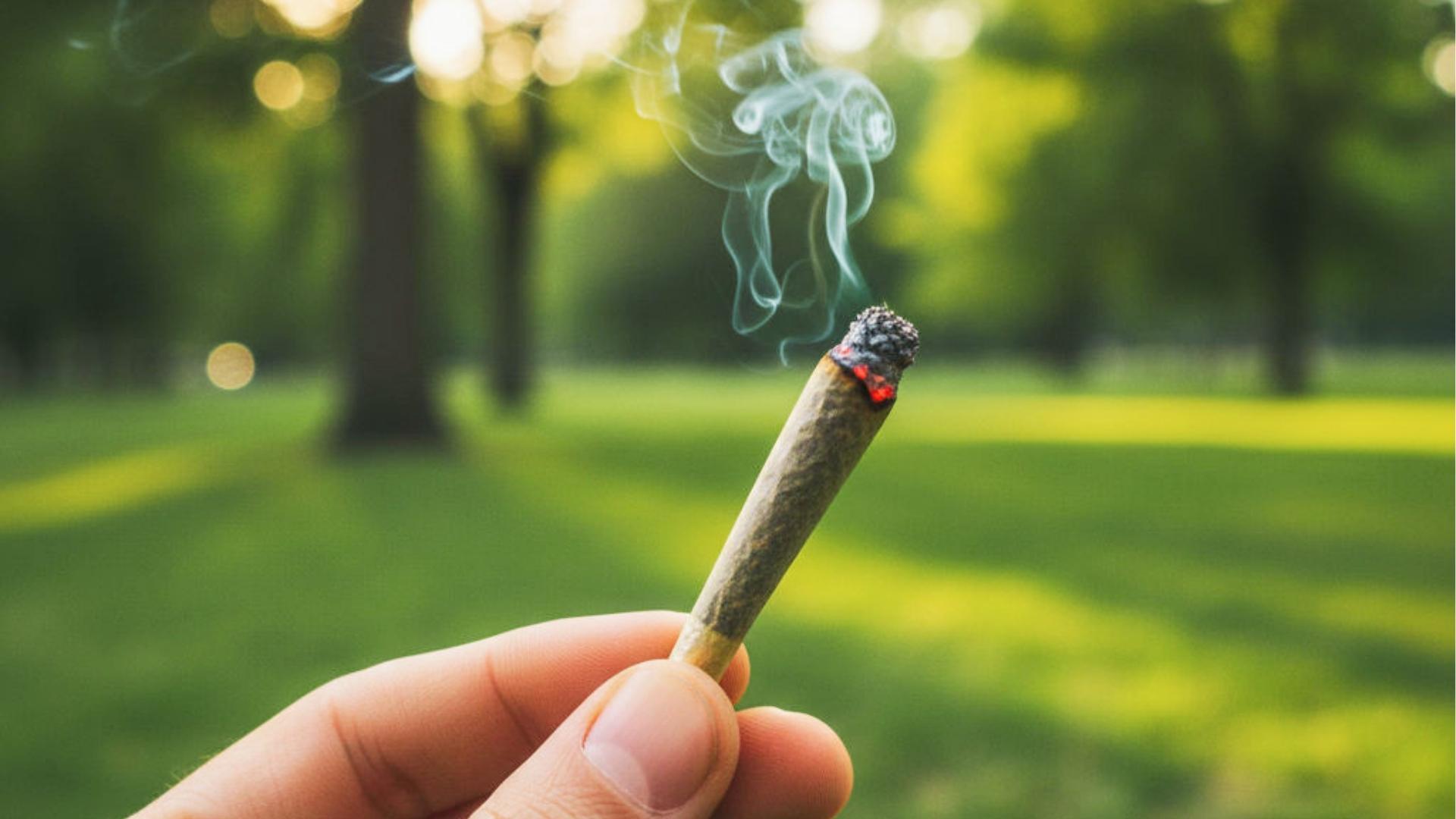 Hand holds lit cannabis joint emitting thin smoke tendril in sunlit park with blurred green grass and trees in background.