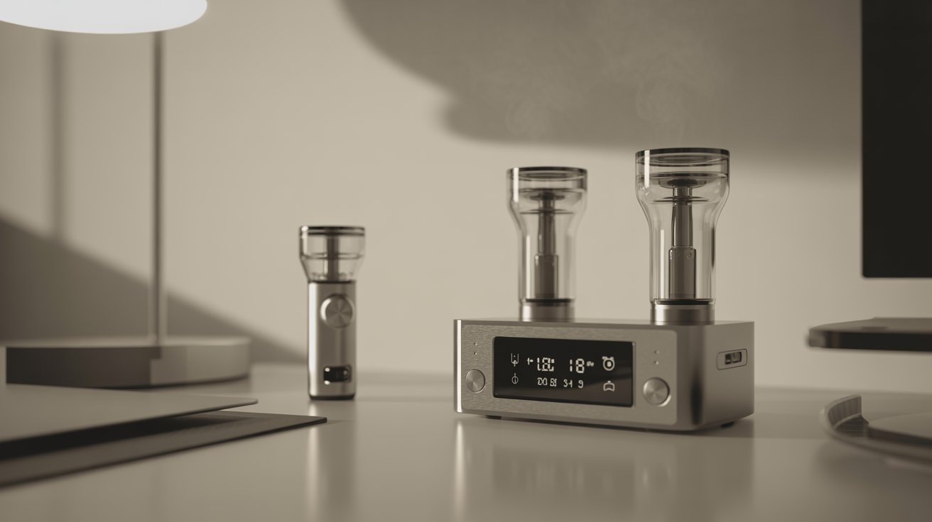 "Portable handheld and desktop herbal vaporizer devices displayed in a modern studio setup with digital controls and soft lighting in a clean product photography style"