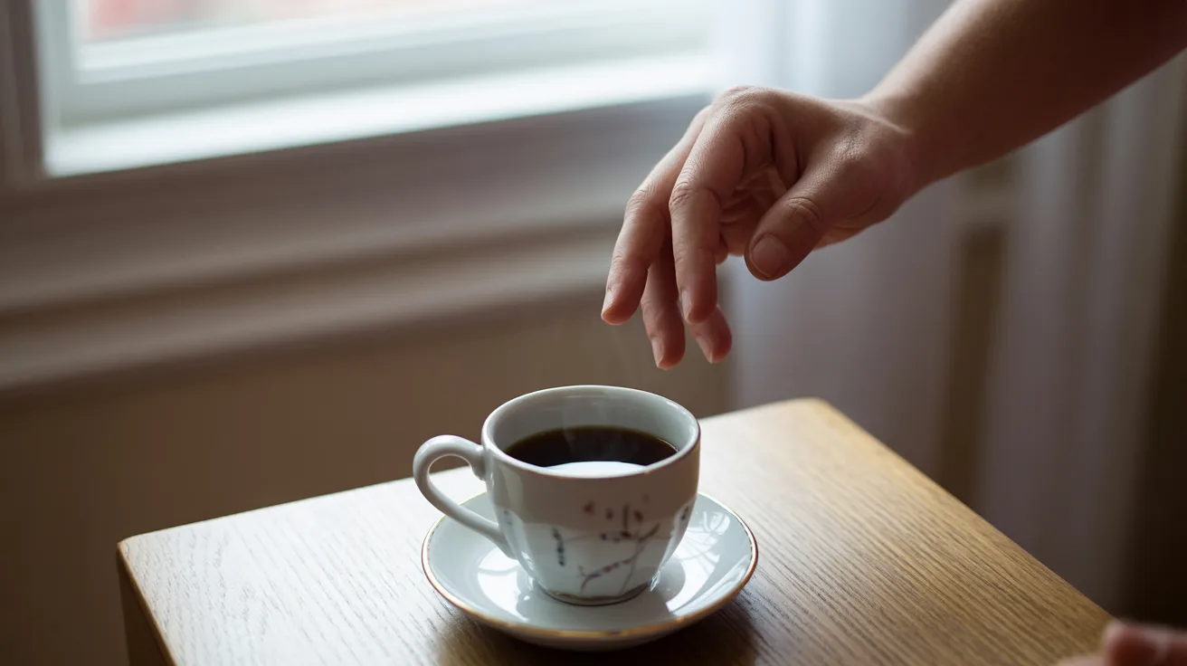 Person carefully drinking small amount of caffeine to avoid worsening weed hangover symptoms.