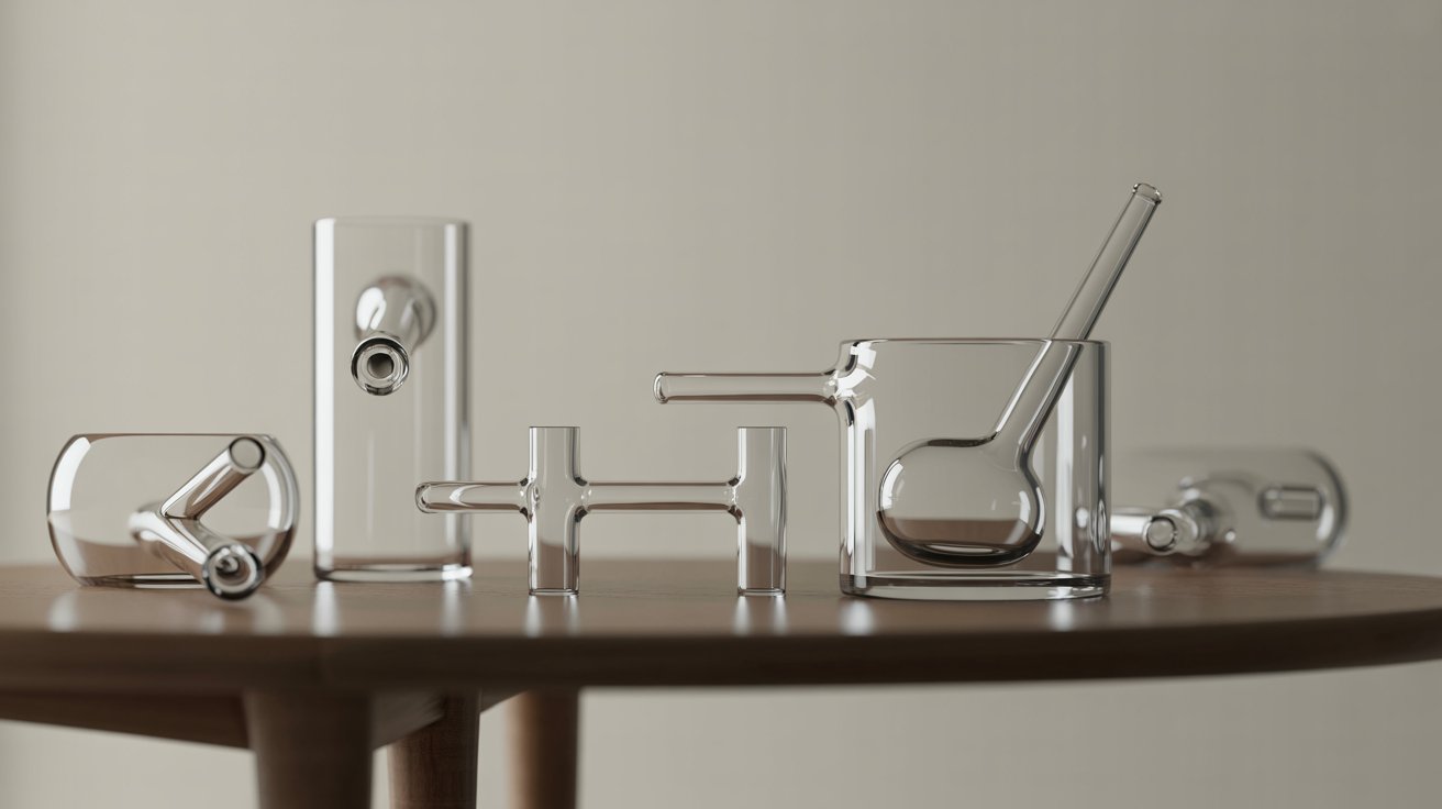 "Minimalist glass pipes arranged on a wooden surface under soft studio lighting in a clean product photography style"