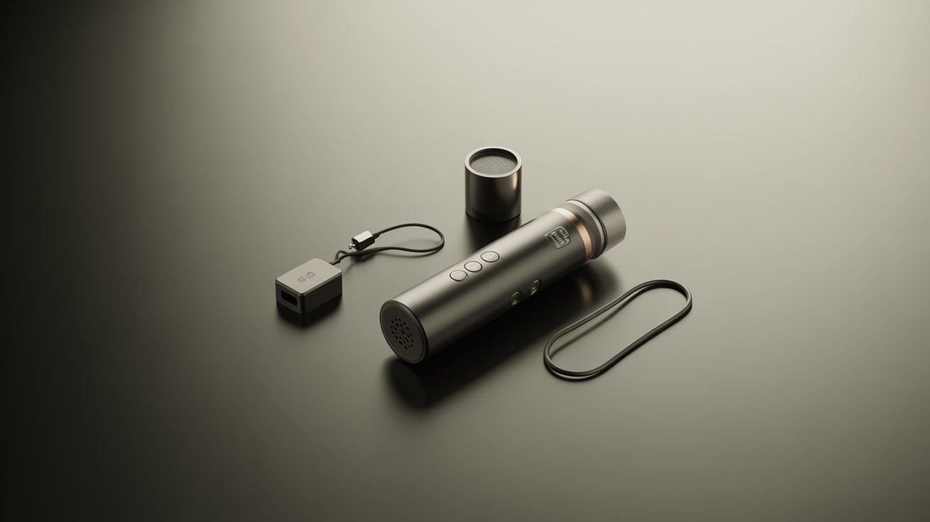 "Modern handheld heating device with accessories displayed in clean studio lighting on a minimalist black surface"
