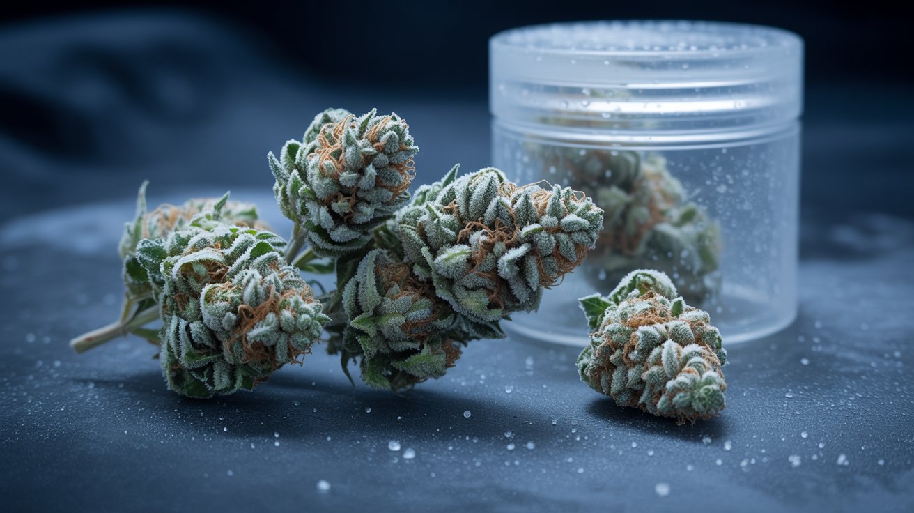 Frozen cannabis buds with brittle trichomes and ice crystals inside airtight cold storage container.