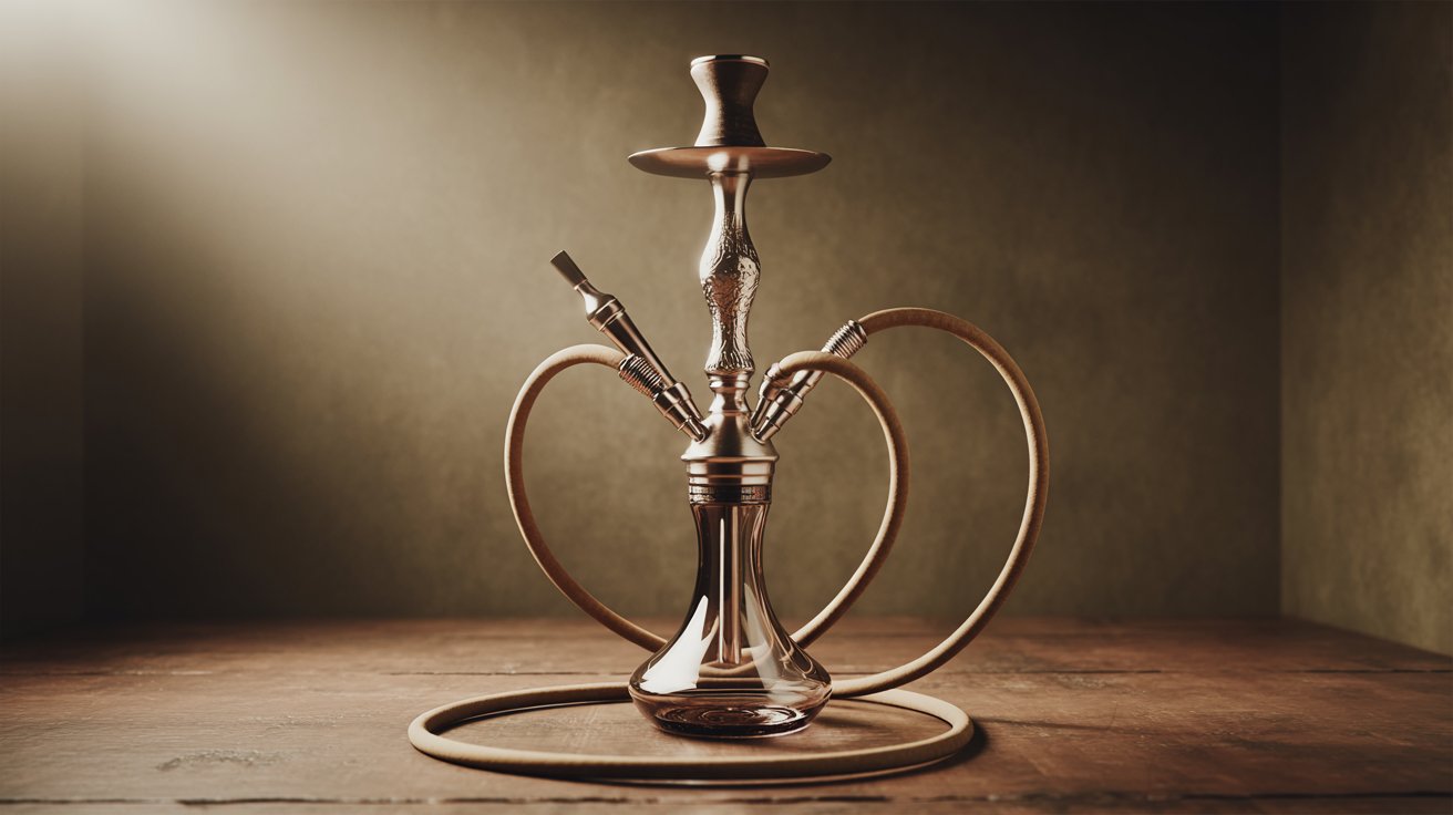 "Ornate hookah with glass base and multiple hoses displayed in warm studio lighting on a rustic surface in a detailed product photography style"