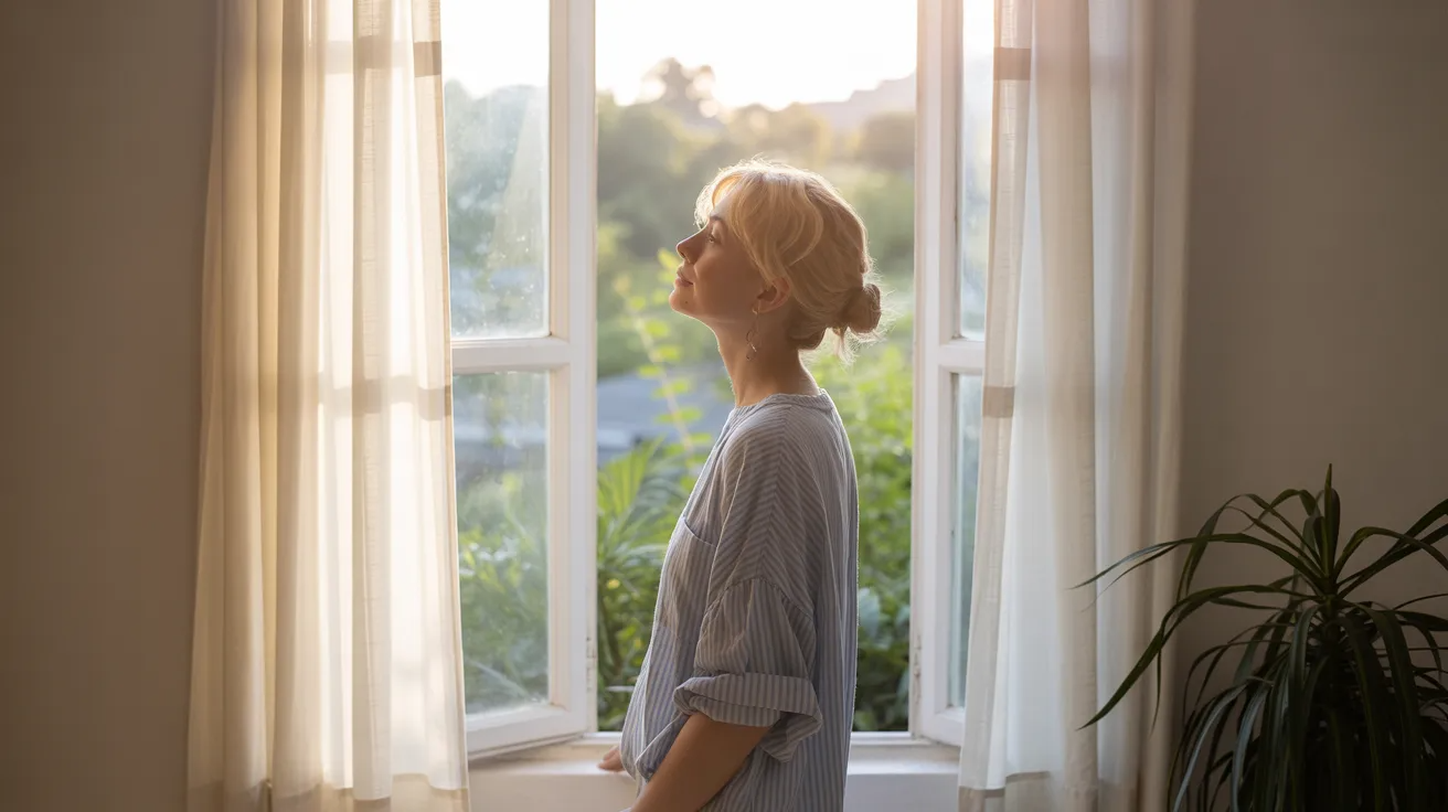Person standing by an open window getting fresh air and sunlight to reduce weed hangover fogginess.