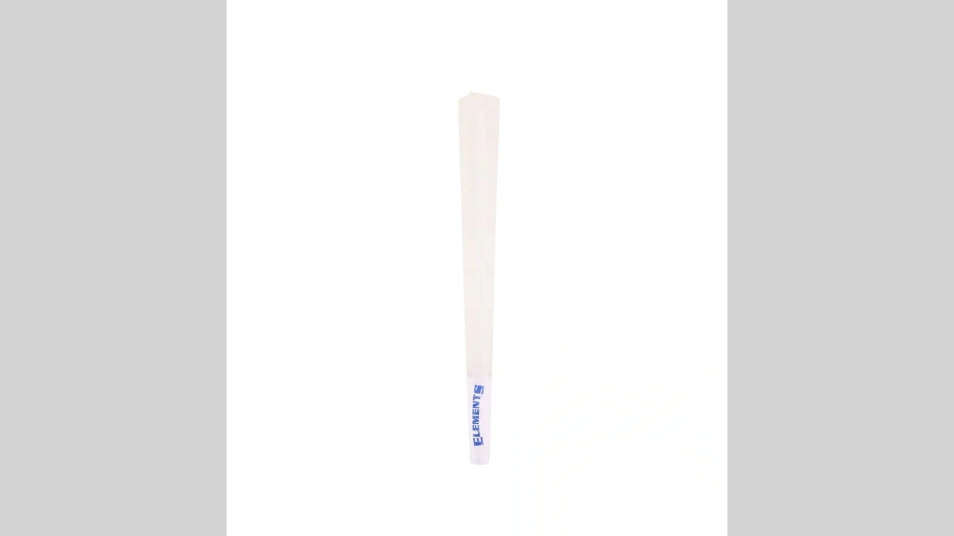 Empty white Elements brand pre-rolled cone with blue logo displayed vertically on white background