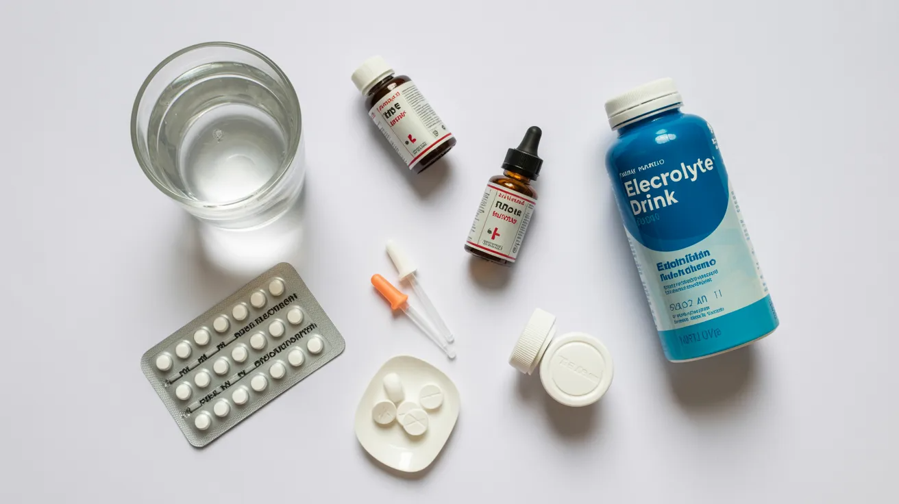Over-the-counter relief items like painkillers, eye drops, and electrolytes used for weed hangover relief.