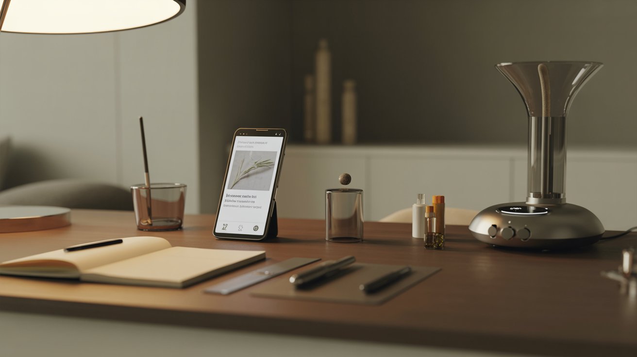 "Minimalist desk with herbal preparation tools, notebook, and electronic device under warm ambient lighting in a modern setting"